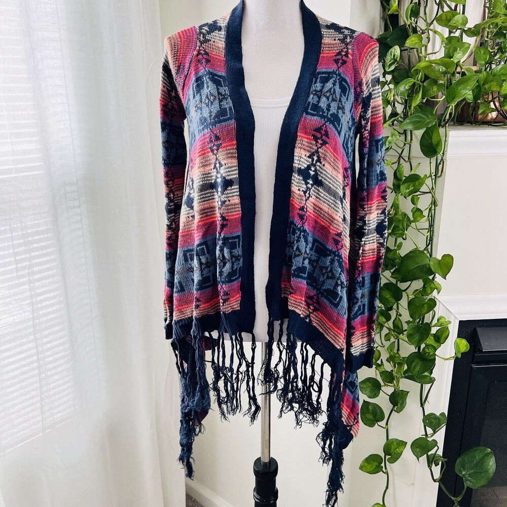 Clearance🎉Say What Navy Blue & Pink Southwestern Fringed Cardigan Sweater Sm